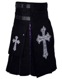 Side view of the Celtic Sword Gothic Kilt showcasing finely detailed sword motifs on the side panels, with reinforced pleats and leather strap accents enhancing the kilt's edgy, medieval-inspired design.
