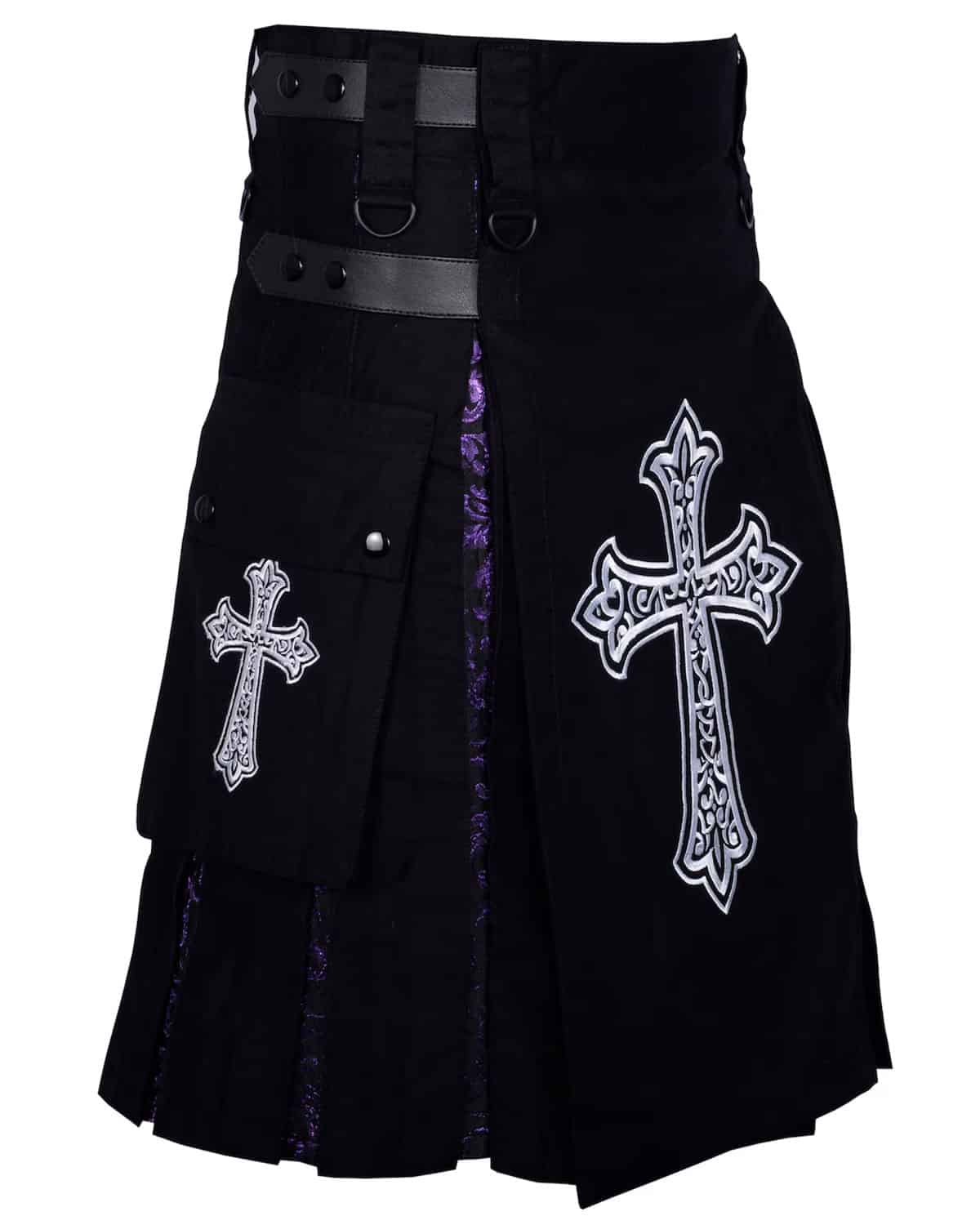 Celtic Sword Gothic Kilt Side view of the Celtic Sword Gothic Kilt showcasing finely detailed sword motifs on the side panels, with reinforced pleats and leather strap accents enhancing the kilt's edgy, medieval-inspired design.