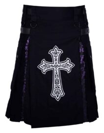 A bold Gothic-style kilt featuring intricate Celtic sword designs along the front panels, with deep pleats and striking metallic accents for a rugged yet refined look.