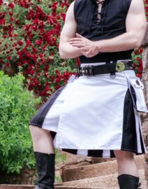 Front view of Hybrid Cargo Kilt - White & Black: A bold, modern kilt with cargo pockets, featuring a striking white and black design.