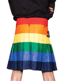 Close-up of MEN'S PRIDE RAINBOW HYBRID KILT showcasing adjustable waistband and pleats.